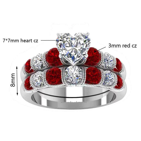 Classic Red Heart Shape 14K White Gold Plated Cubic Zirconia Women's Ring